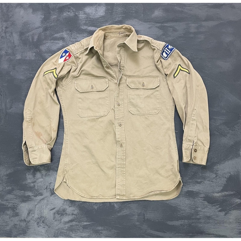 vintage WWII US Army  button-up mens medium khaki 1940s service patchwork s1272